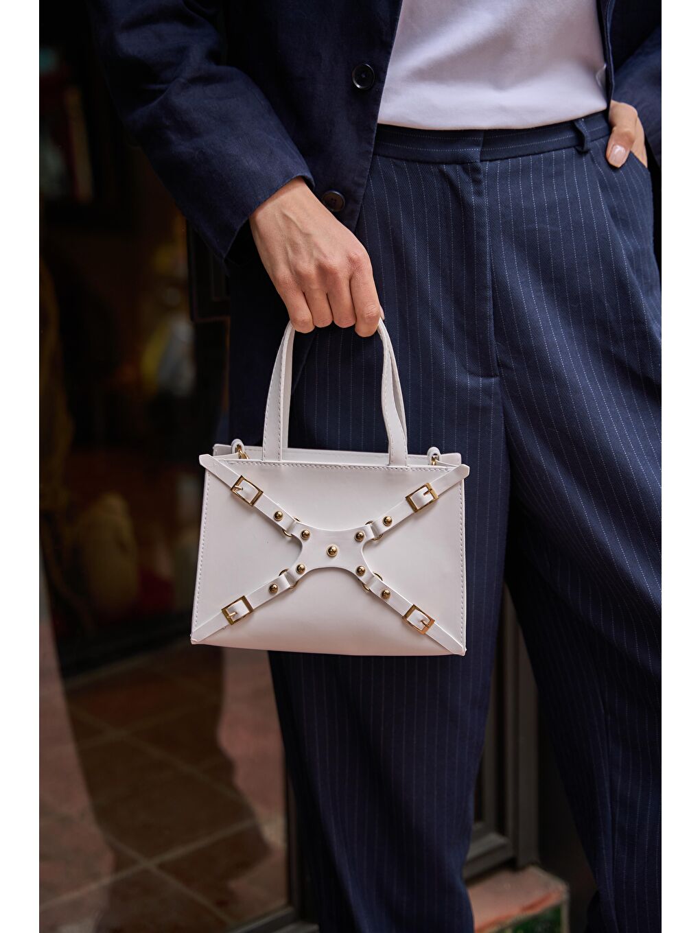 Zımbalı Mini Tote El Ve Omuz Çantası Beyaz-3