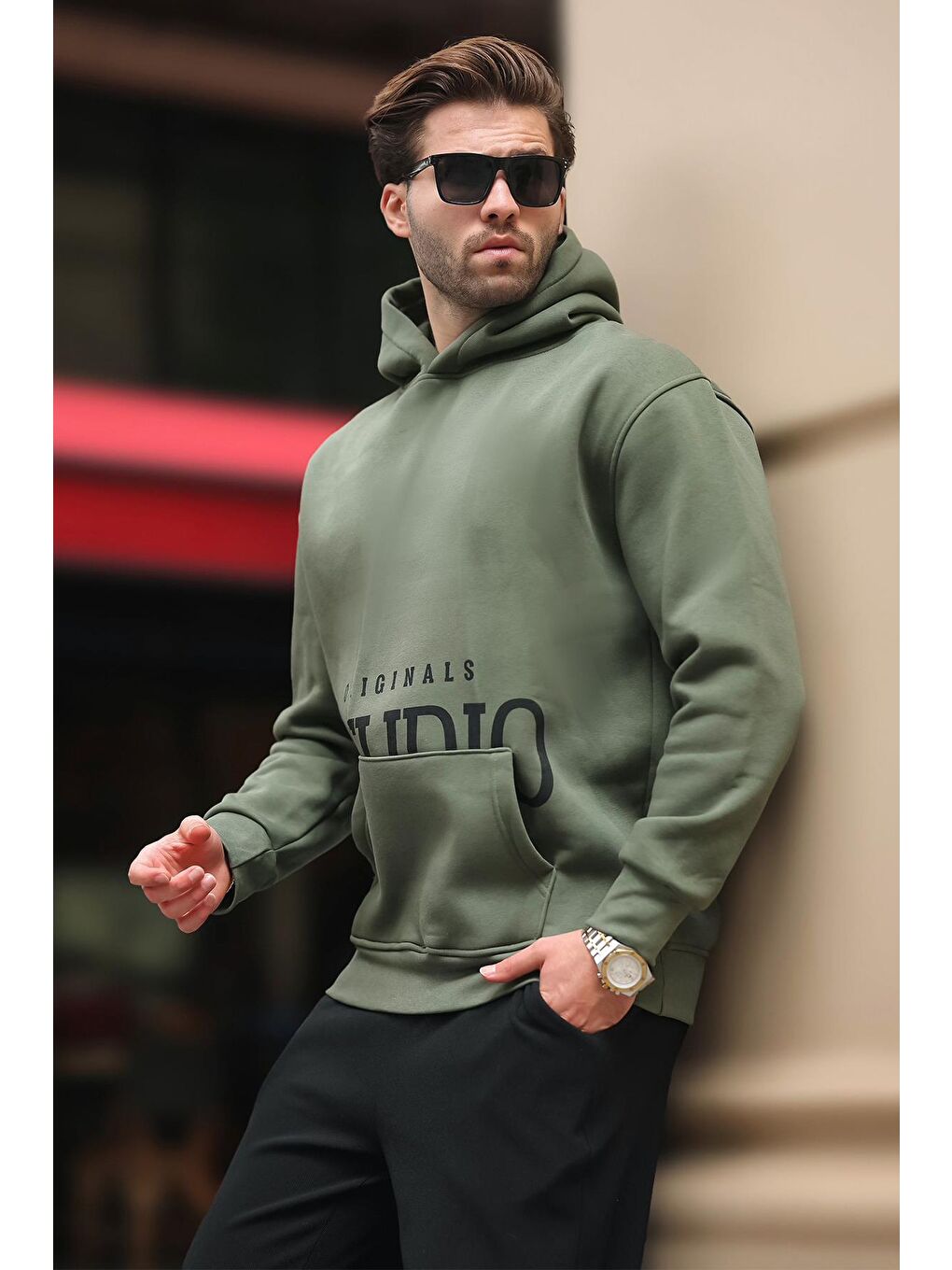 Madmext Haki Kapüşonlu Baskılı Cep Detaylı Sweatshirt E7076 - 1