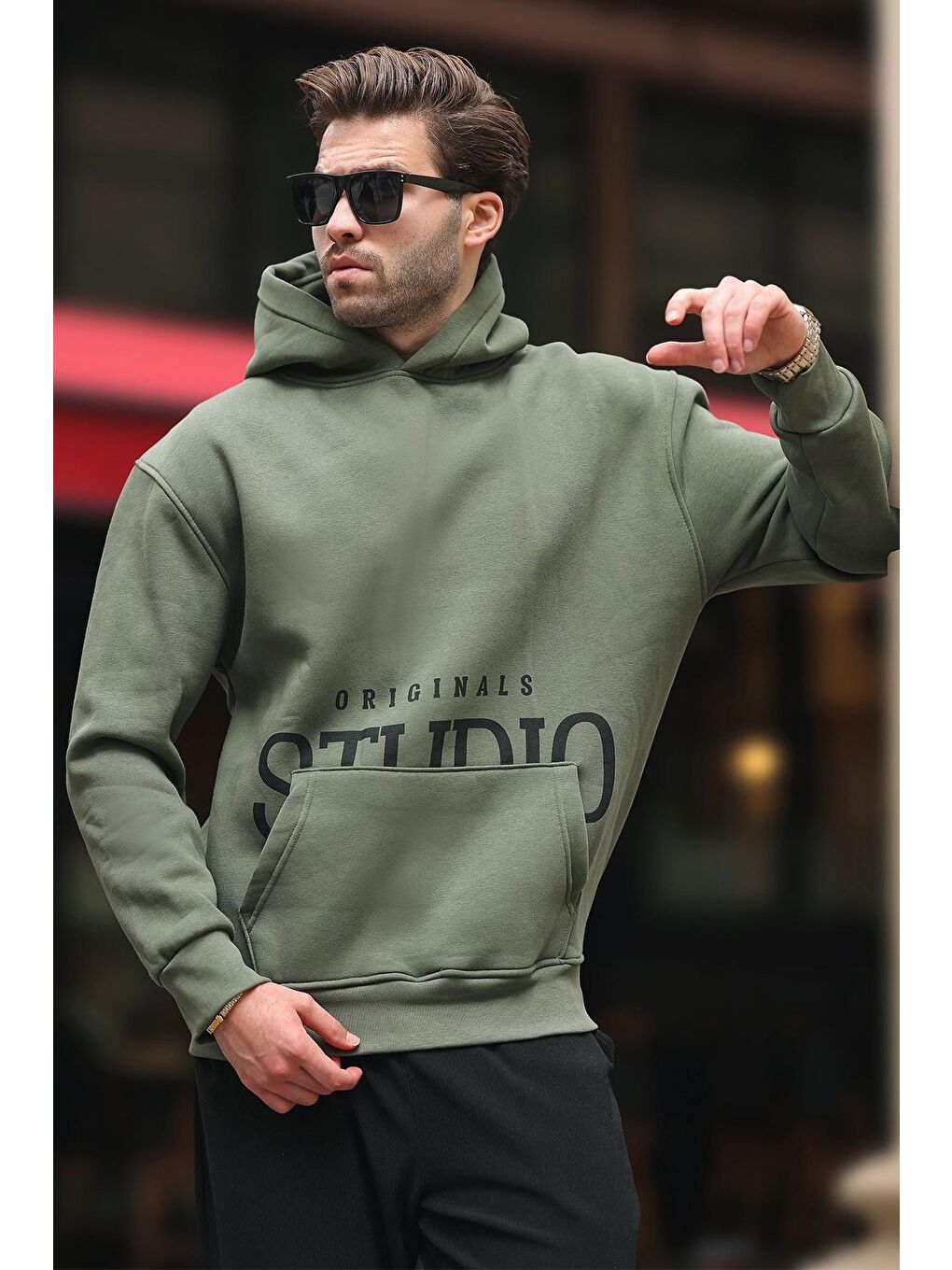 Madmext Haki Kapüşonlu Baskılı Cep Detaylı Sweatshirt E7076 - 2