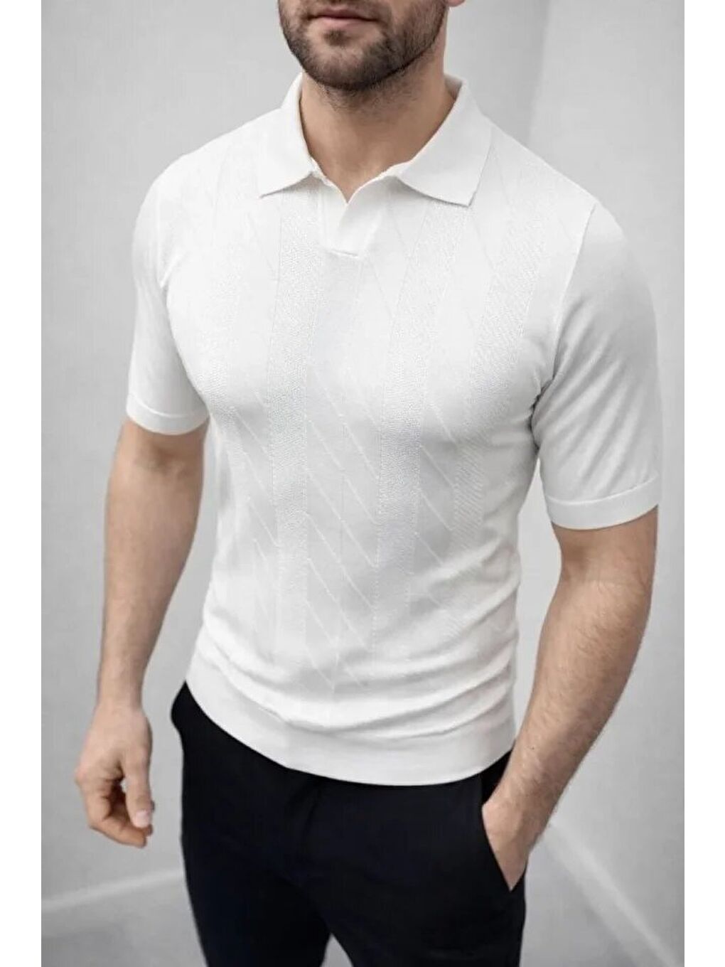 Beyaz Erkek Yazlık Triko Dokuma Tişört-1