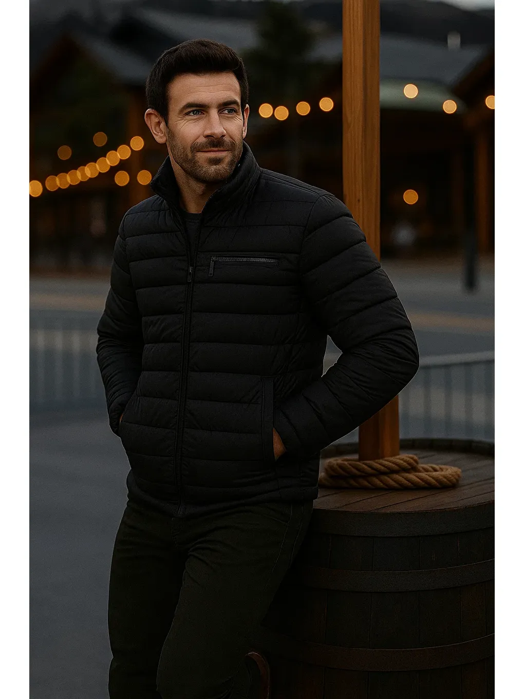 Erkek Trend Günlük Dik Yaka Kışlık Siyah Şişme Mont-2