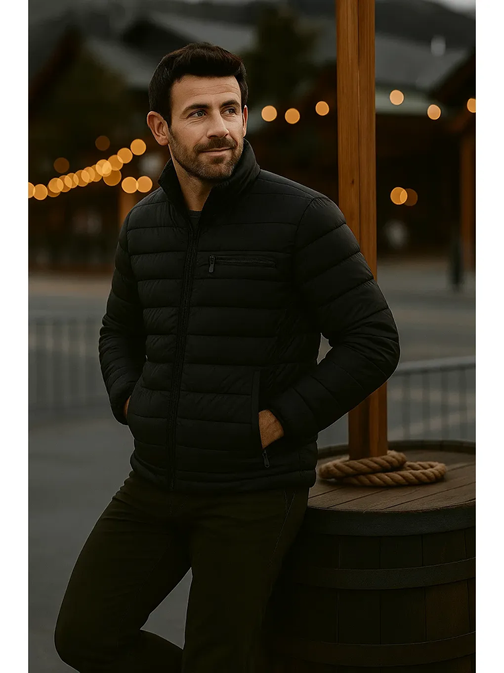 Erkek Trend Günlük Dik Yaka Kışlık Siyah Şişme Mont-3