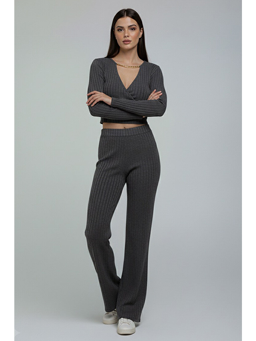 Gri Zincirli Crop Pantolon Kaşkorse Takım Füme - 27995-FUME