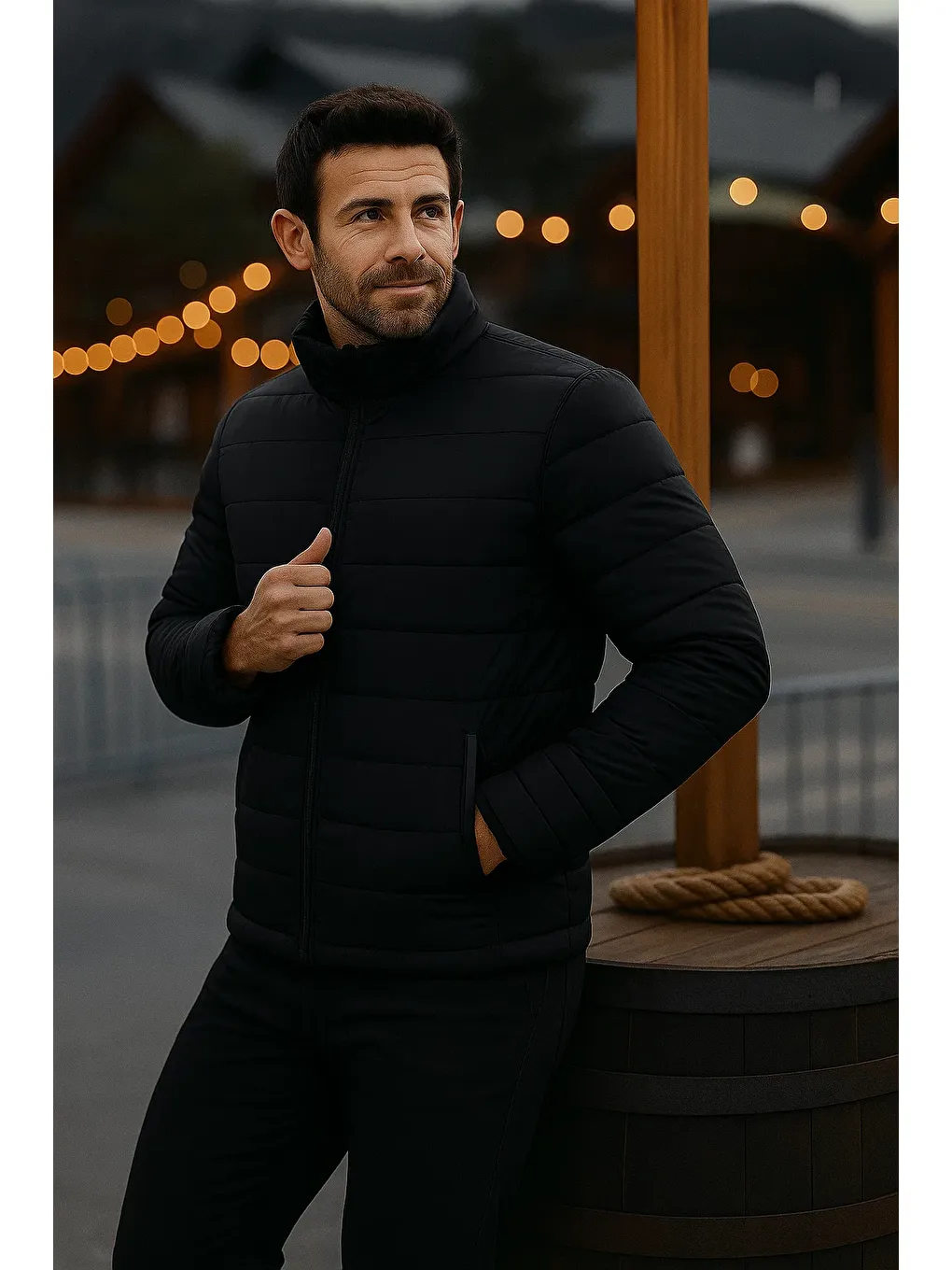 Erkek Trend Günlük Dik Yaka Kışlık Siyah Şişme Mont-4