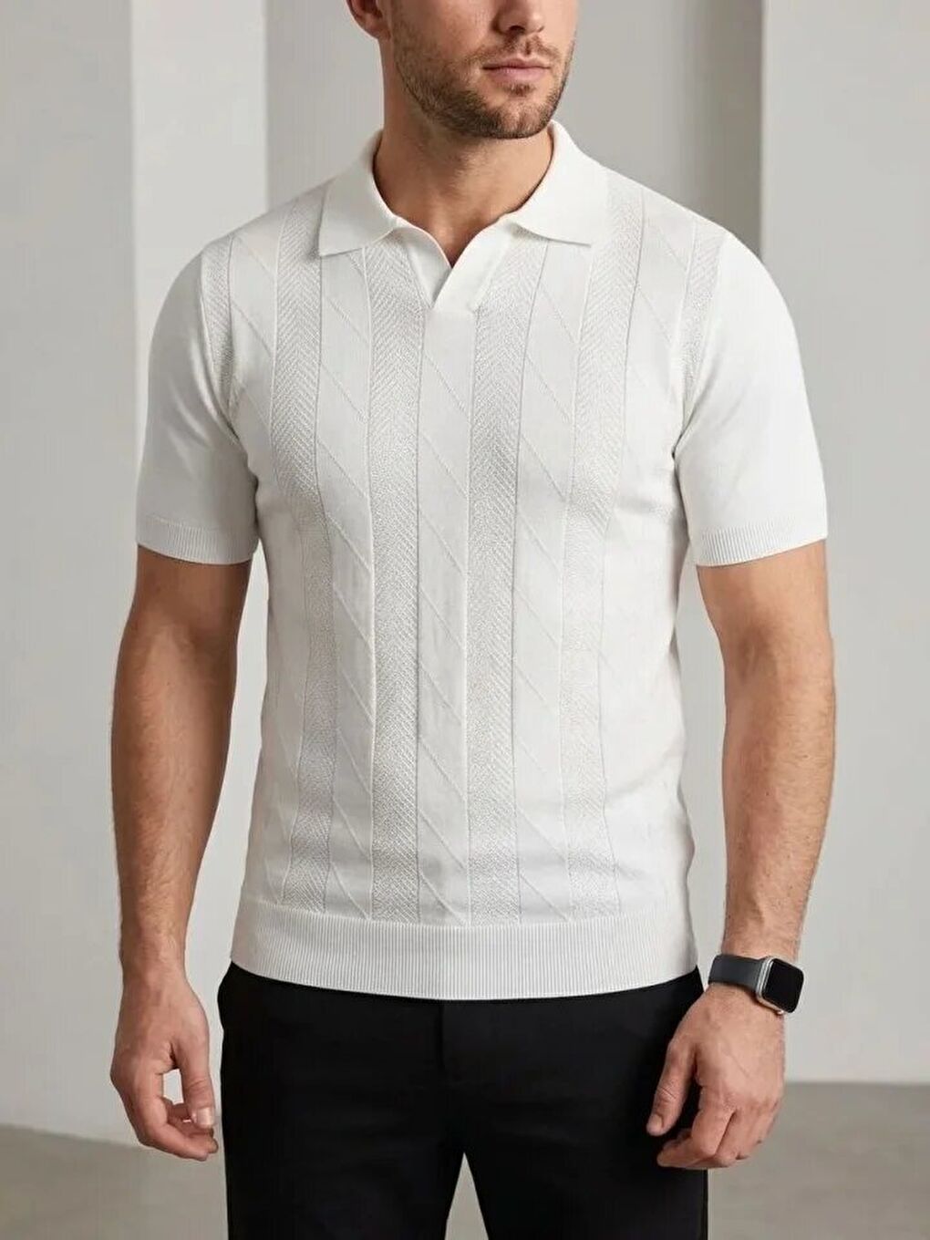 Beyaz Erkek Yazlık Triko Dokuma Tişört-3