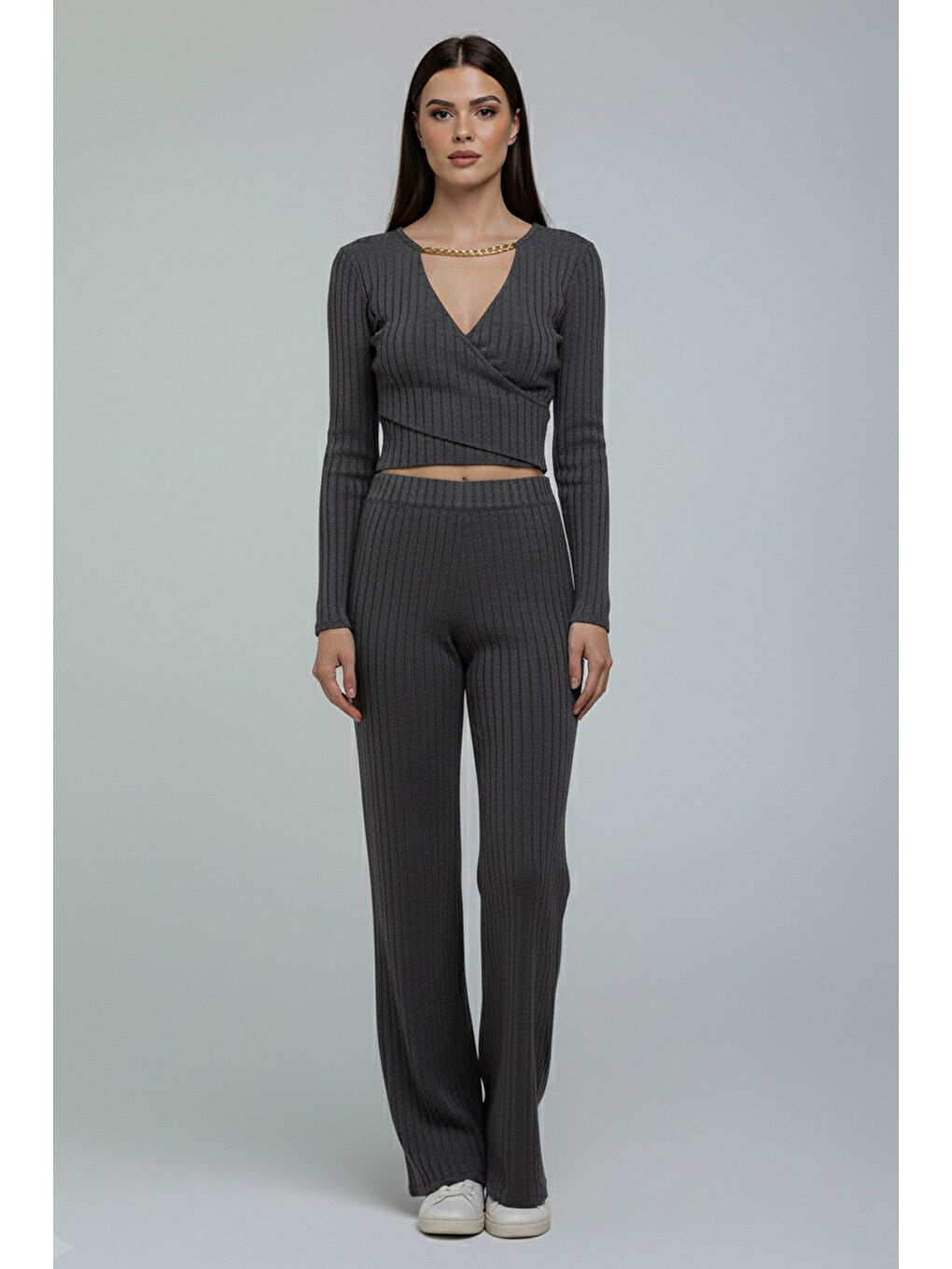 Gri Zincirli Crop Pantolon Kaşkorse Takım Füme - 27995-FUME-1