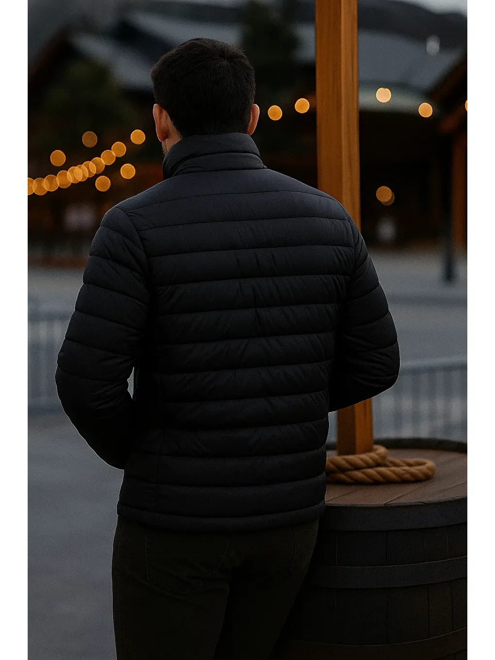 Erkek Trend Günlük Dik Yaka Kışlık Siyah Şişme Mont-5