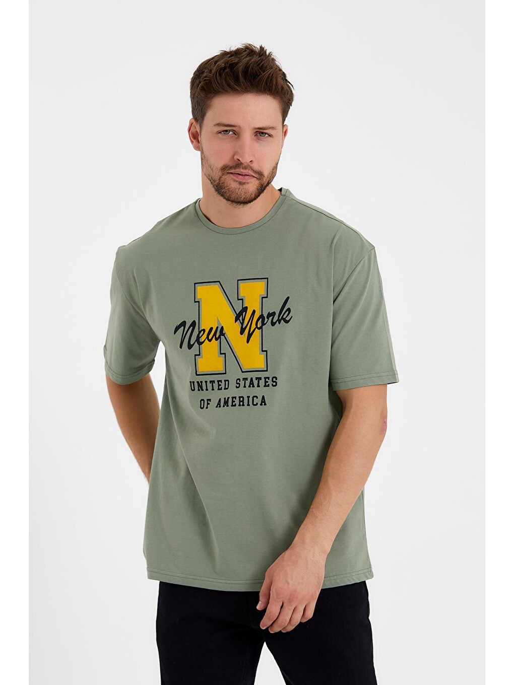 Yeşil Erkek Bisiklet Yaka Regular Fit N Baskılı Tişort Spr22ts113-3
