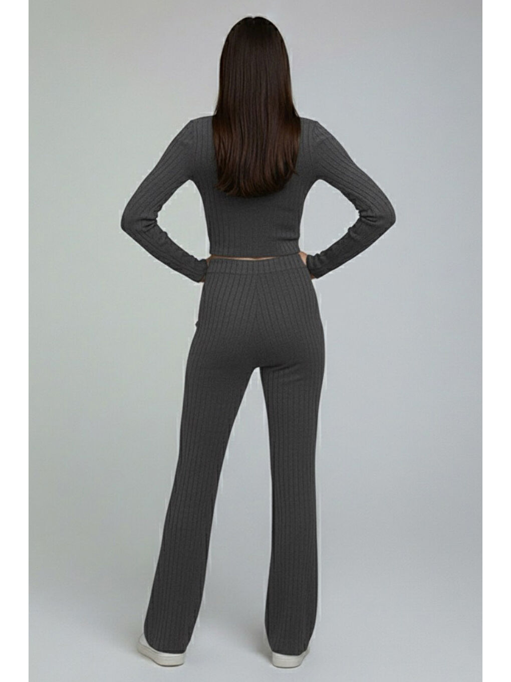 Gri Zincirli Crop Pantolon Kaşkorse Takım Füme - 27995-FUME-2