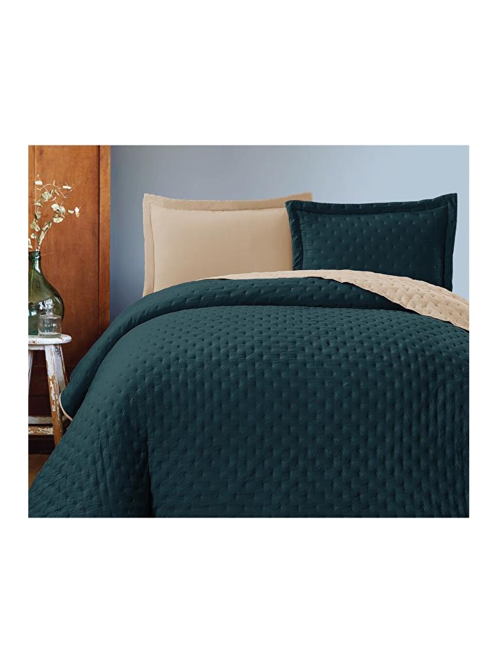Washed Soft Çift Taraflı Çift Kişilik Yatak Örtüsü Yeşil-1