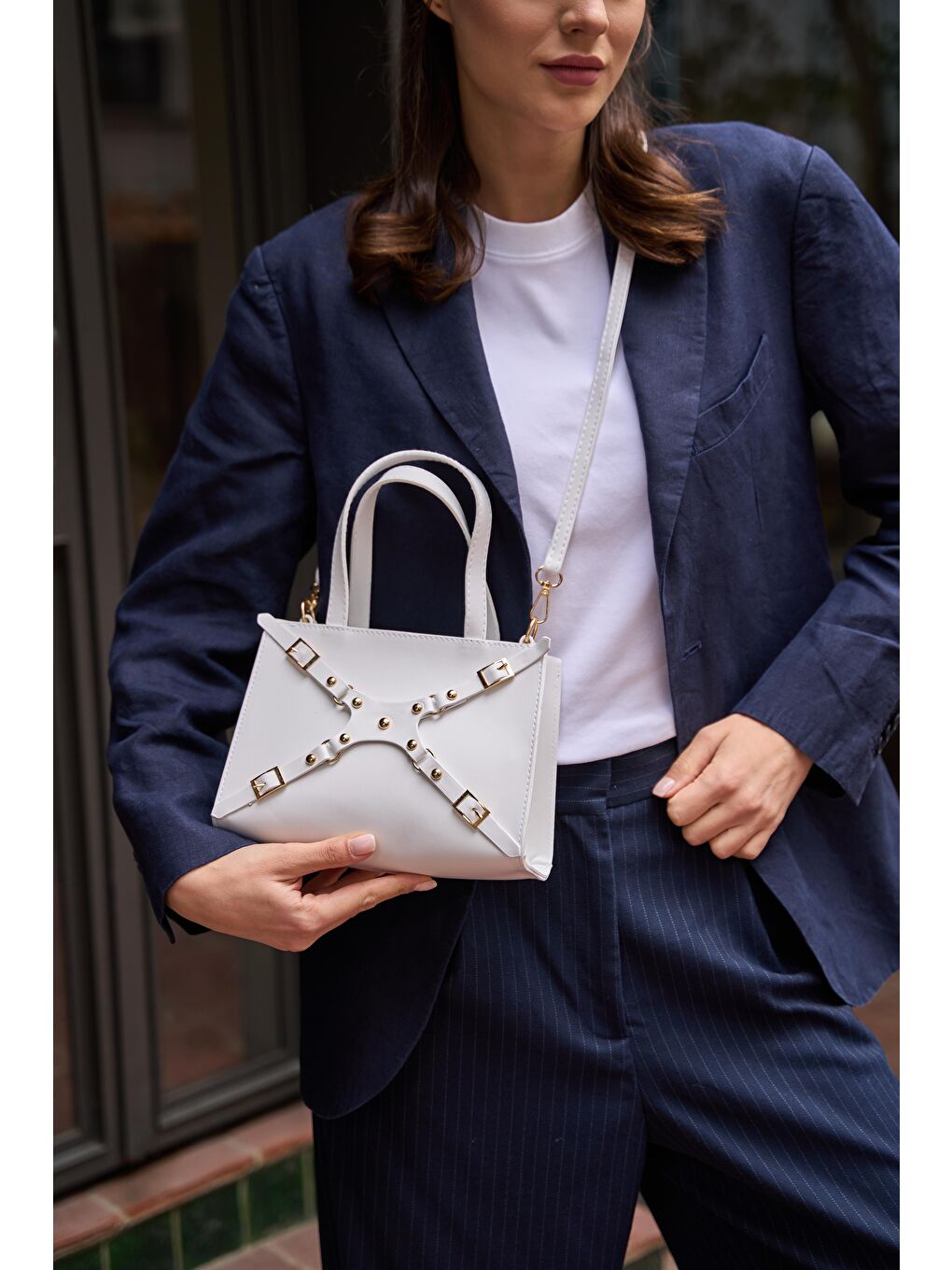 Zımbalı Mini Tote El Ve Omuz Çantası Beyaz-4