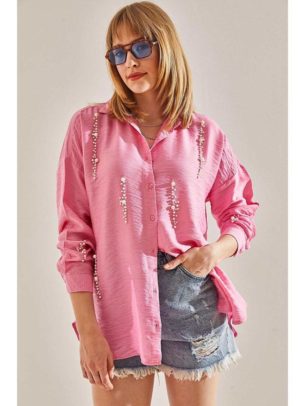 SHADE Pembe Kadın Keten İnci Taş Oversize Gömlek - 5