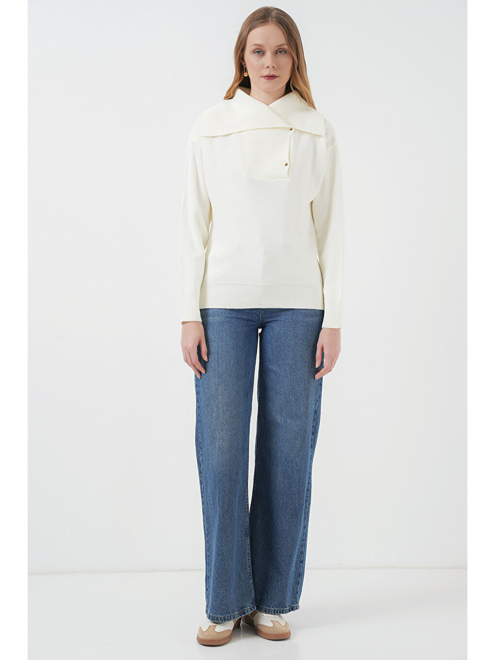 15921 Geniş Yaka Triko Kazak - Ekru-1