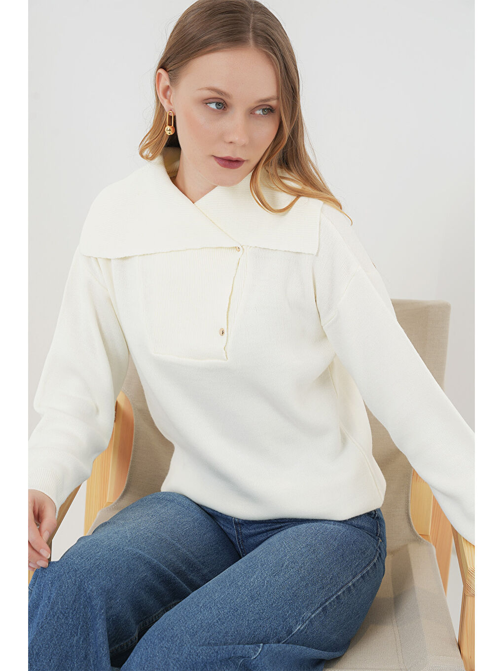 15921 Geniş Yaka Triko Kazak - Ekru-2