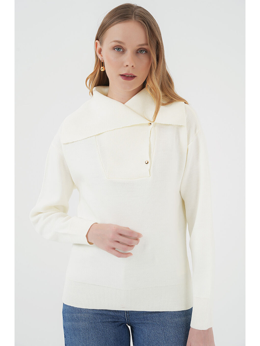 15921 Geniş Yaka Triko Kazak - Ekru-3