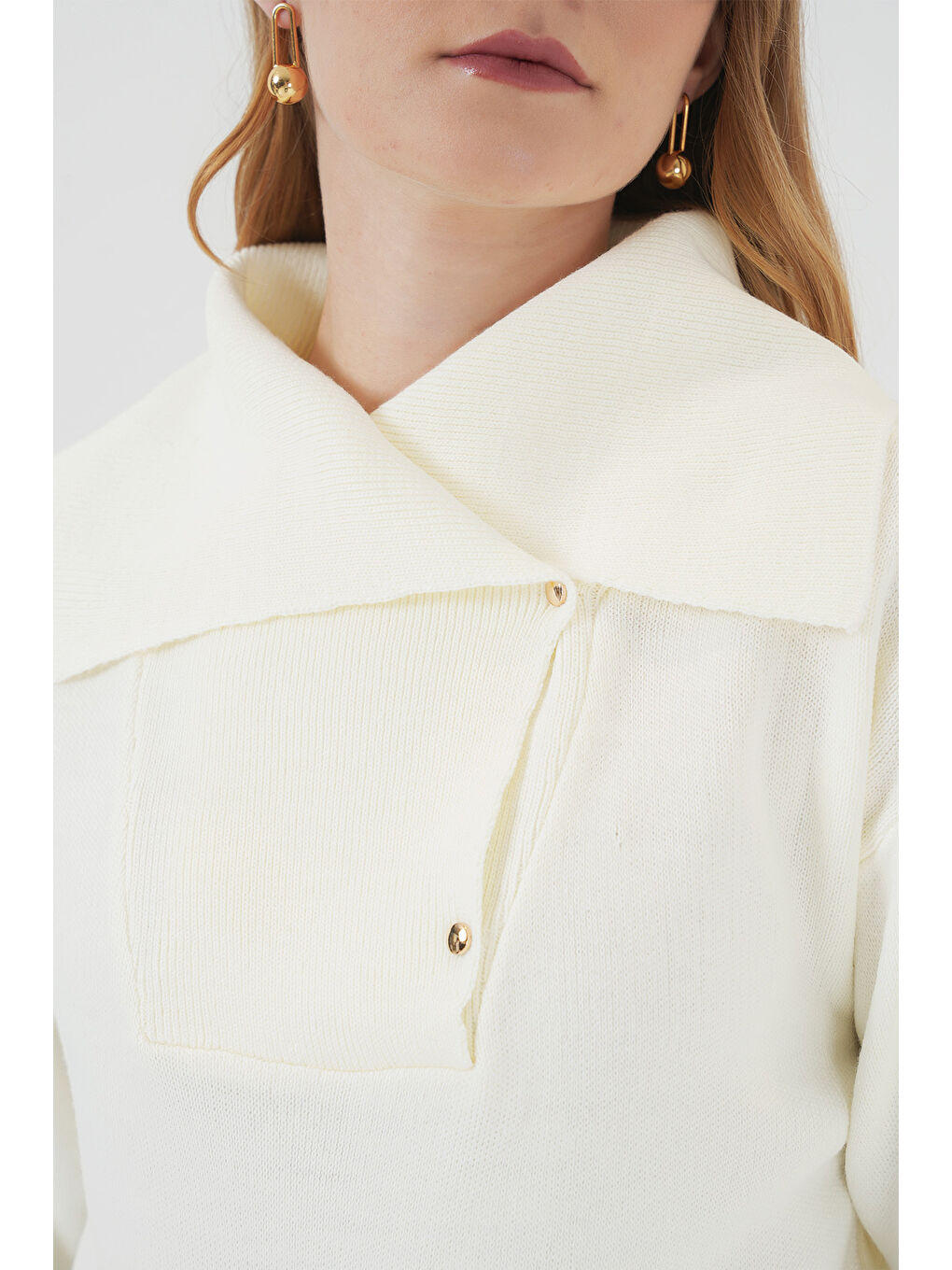 15921 Geniş Yaka Triko Kazak - Ekru-4