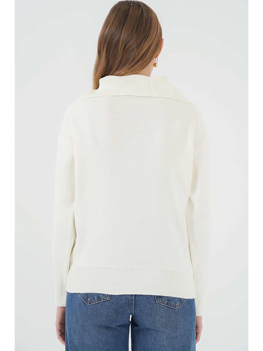 15921 Geniş Yaka Triko Kazak - Ekru-5