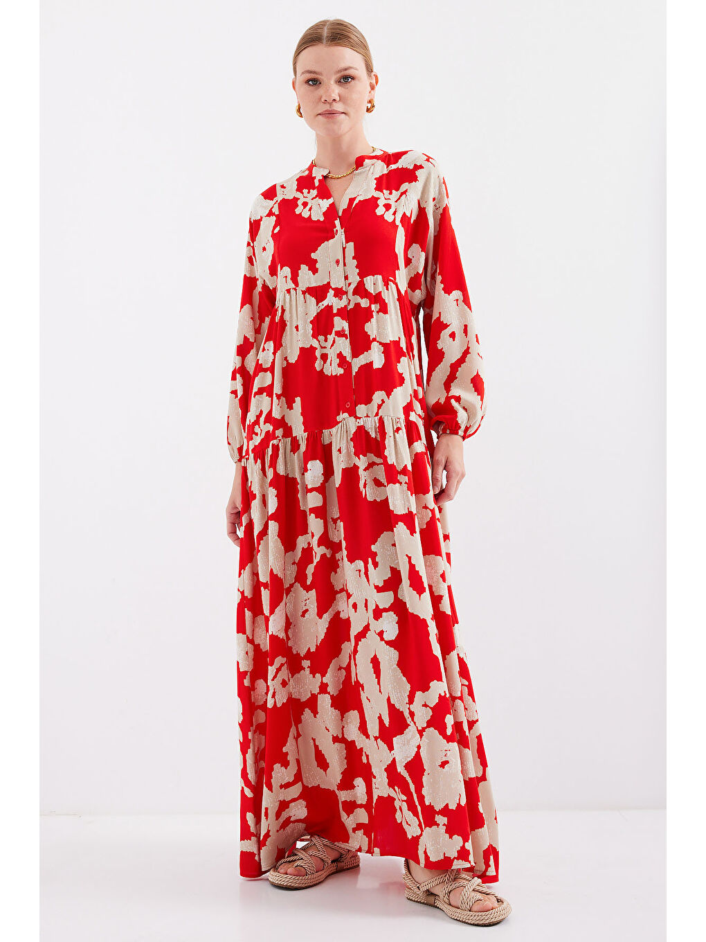 2423 Otantik Desenli Tesettür Elbise - V. Kırmızı