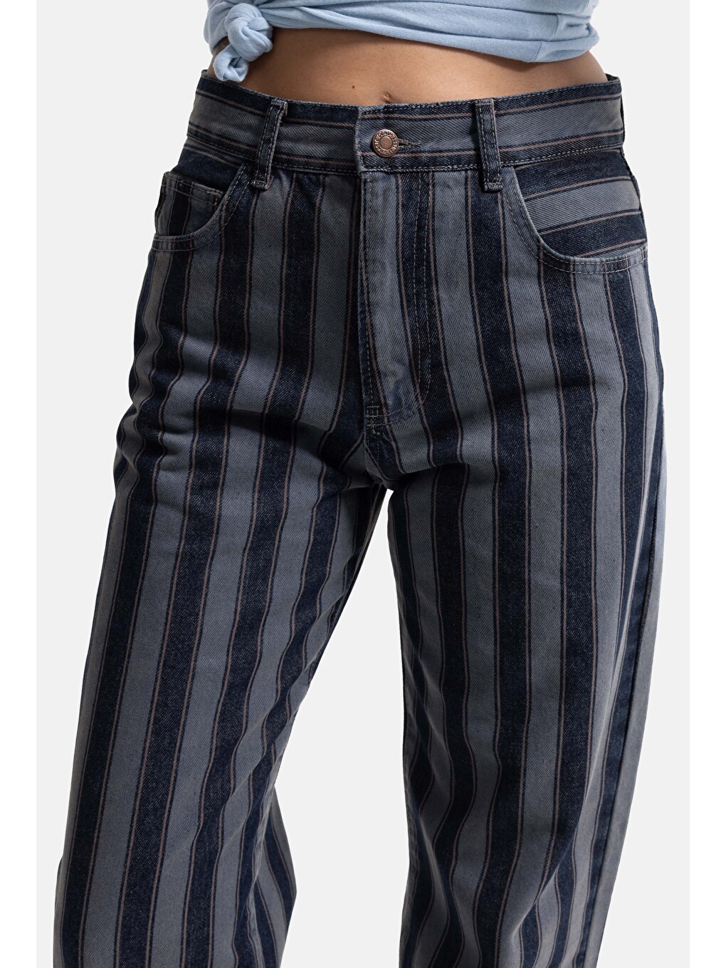 Kadın Mavi Çizgili 1w6-7 Loose Fit Özel Kumaş Tasarım Denim Jean-1