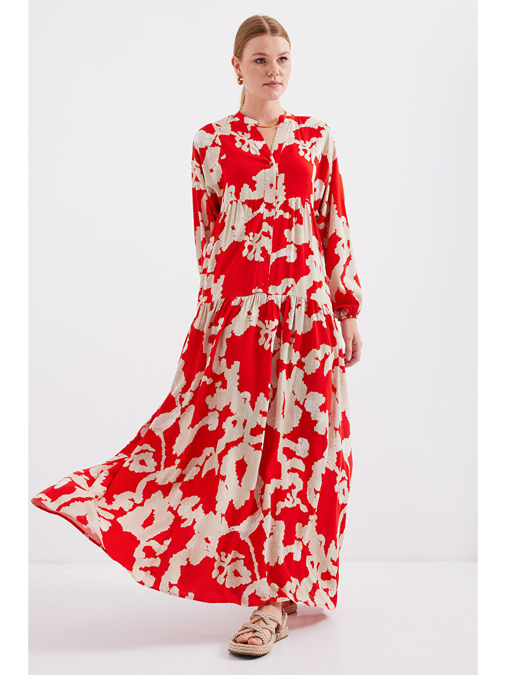 2423 Otantik Desenli Tesettür Elbise - V. Kırmızı-1