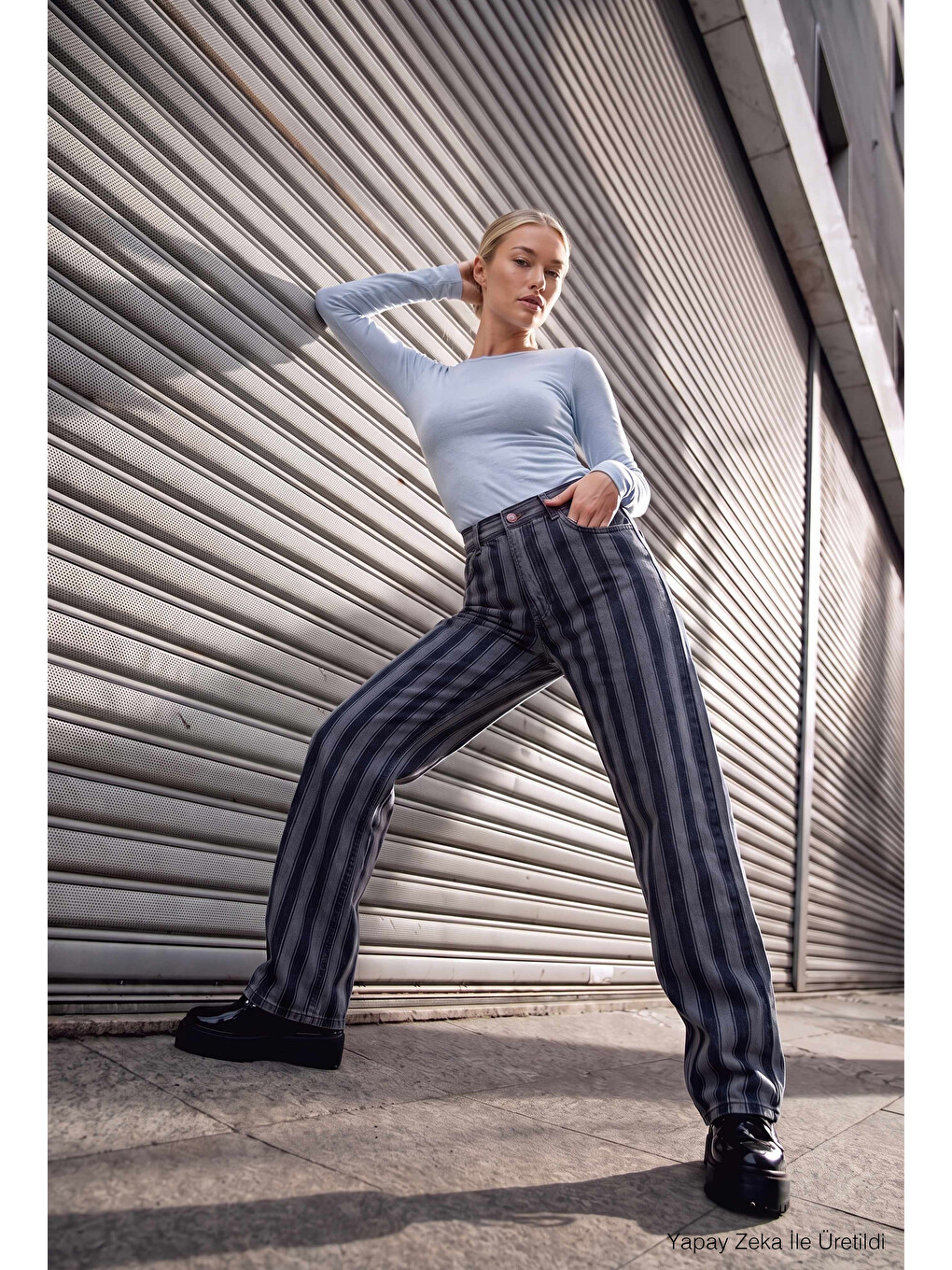 Kadın Mavi Çizgili 1w6-7 Loose Fit Özel Kumaş Tasarım Denim Jean-2