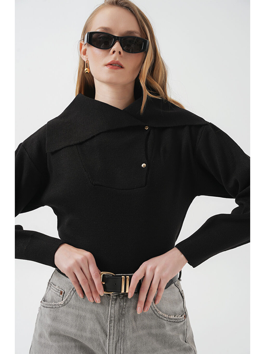 15921 Geniş Yaka Triko Kazak - Siyah