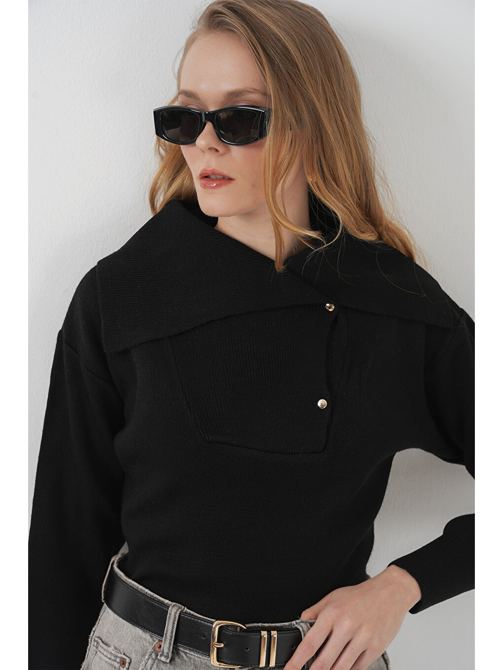 15921 Geniş Yaka Triko Kazak - Siyah-2