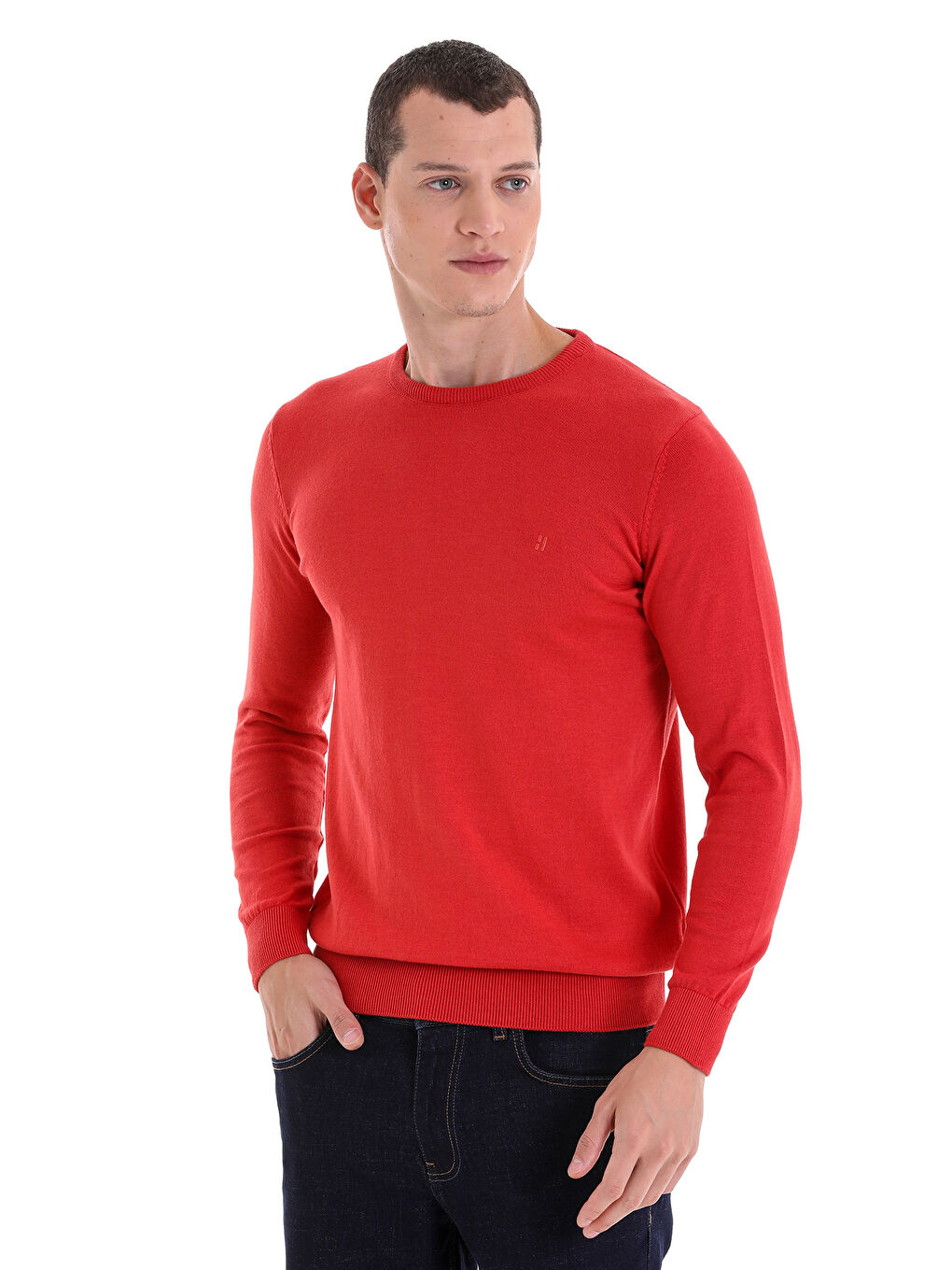 Kahverengi Kiremit Regular Fit Düz Bisiklet Yaka 100% Pamuklu Triko Kazak-1