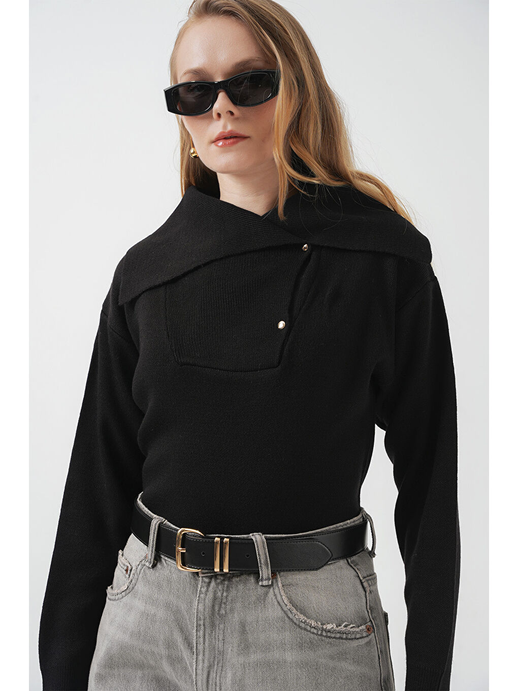 15921 Geniş Yaka Triko Kazak - Siyah-3