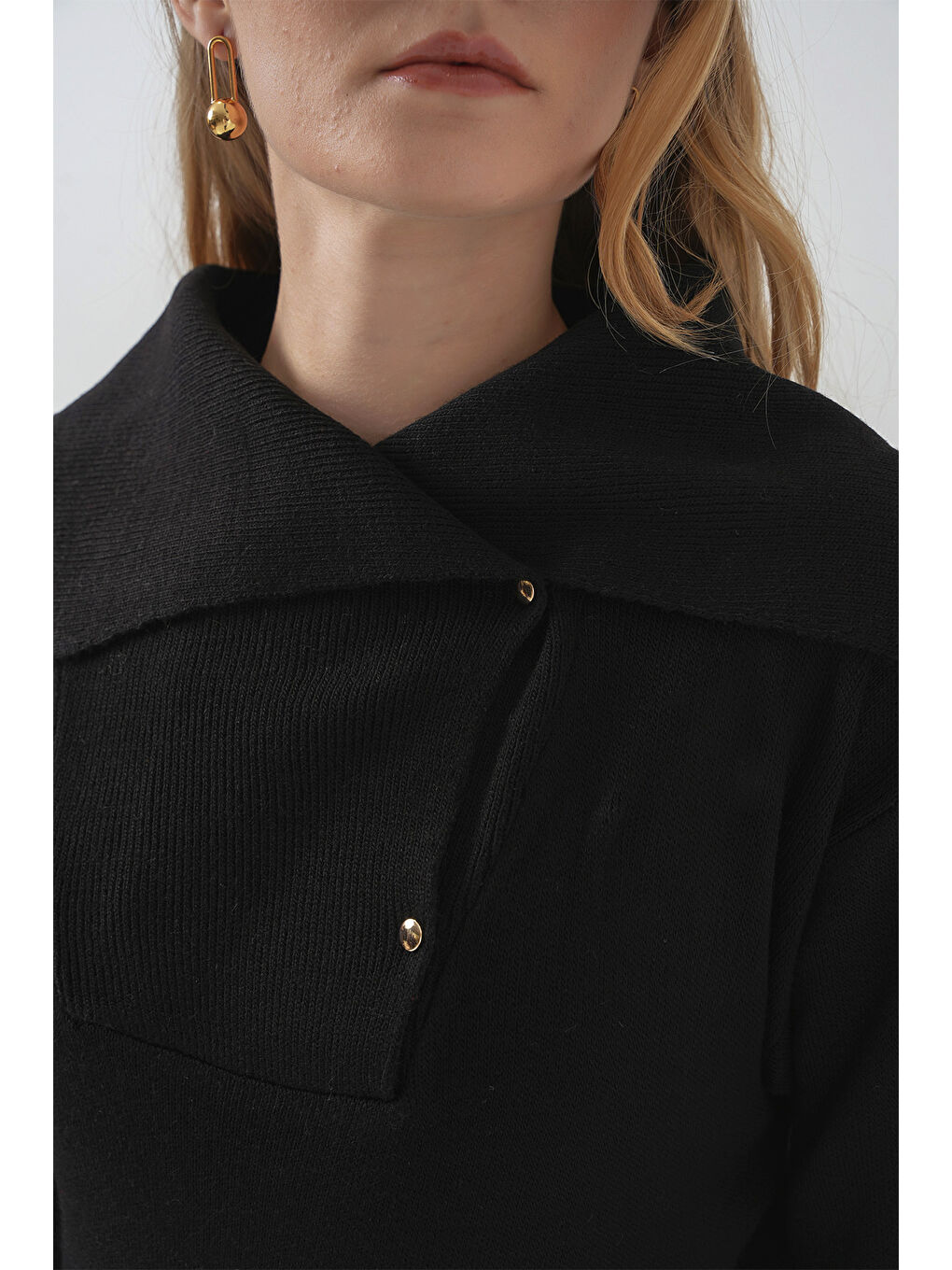 15921 Geniş Yaka Triko Kazak - Siyah-4