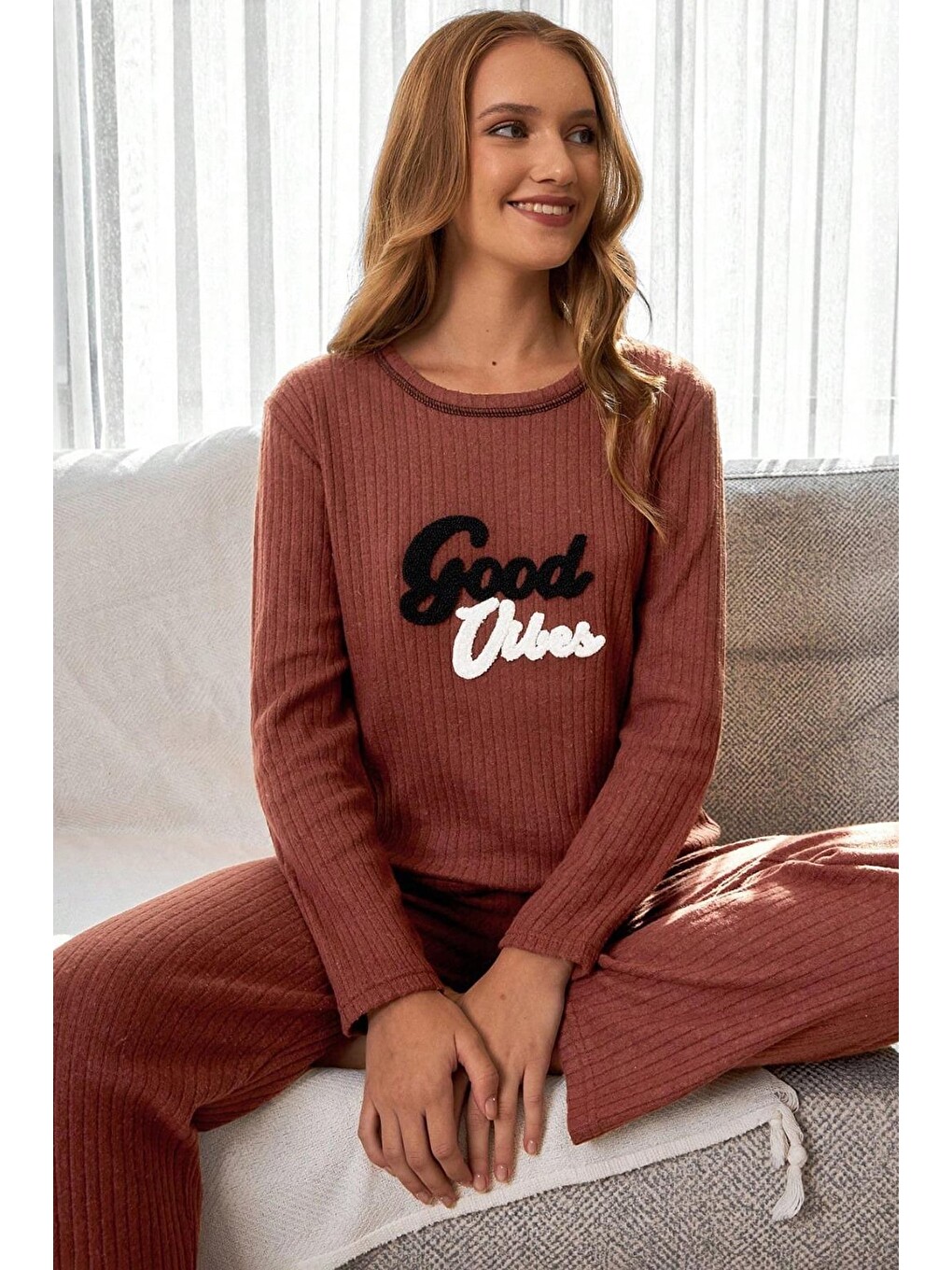 Kahverengi Let Me Slee P Baskılı Büyük Beden Pijama Takımı