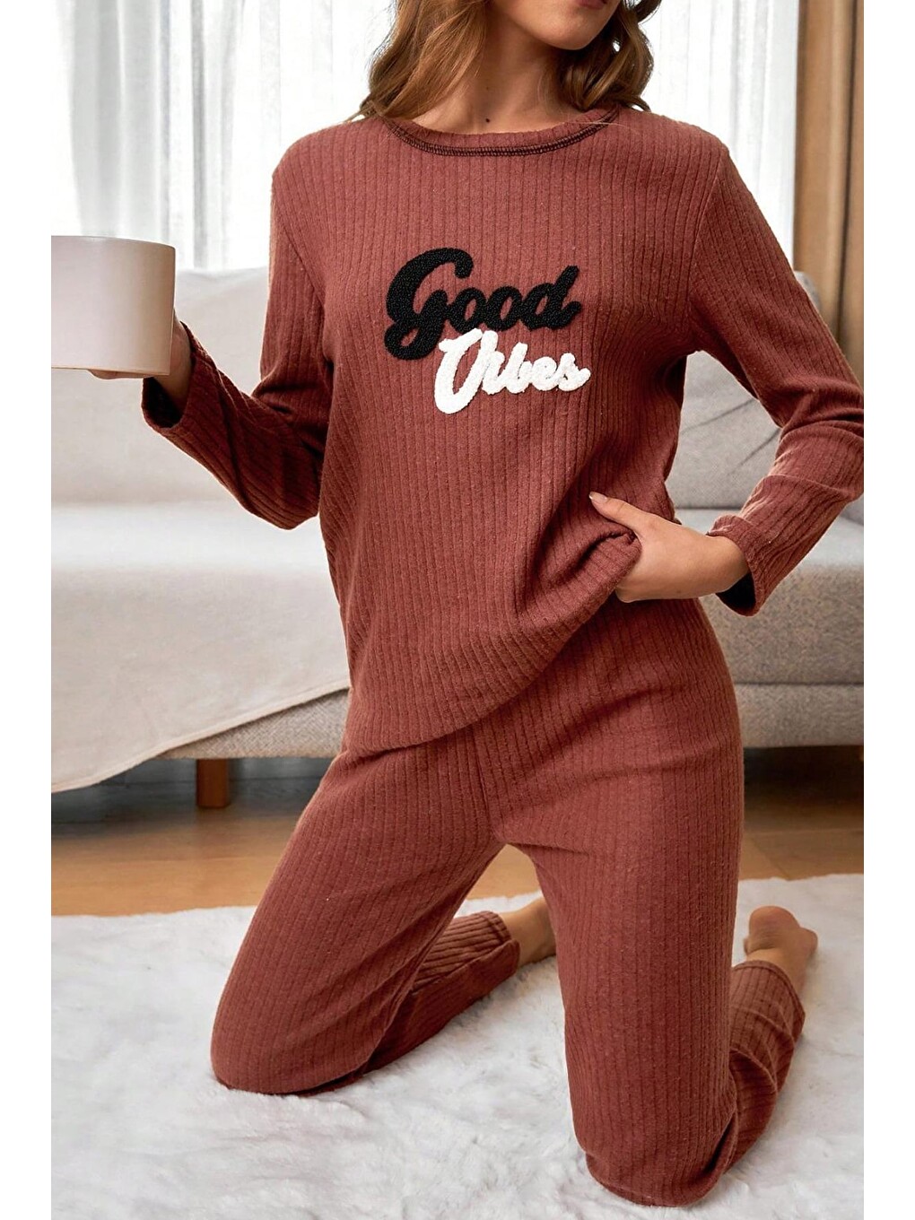 Kahverengi Let Me Slee P Baskılı Büyük Beden Pijama Takımı-1