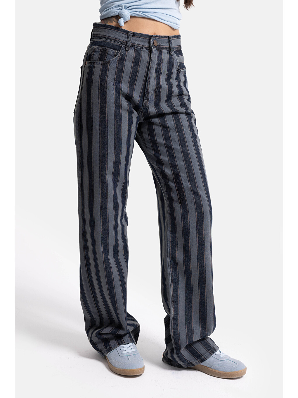 Kadın Mavi Çizgili 1w6-7 Loose Fit Özel Kumaş Tasarım Denim Jean-3
