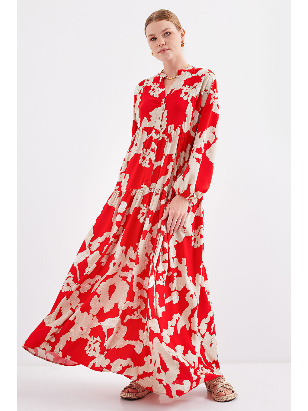 2423 Otantik Desenli Tesettür Elbise - V. Kırmızı-2