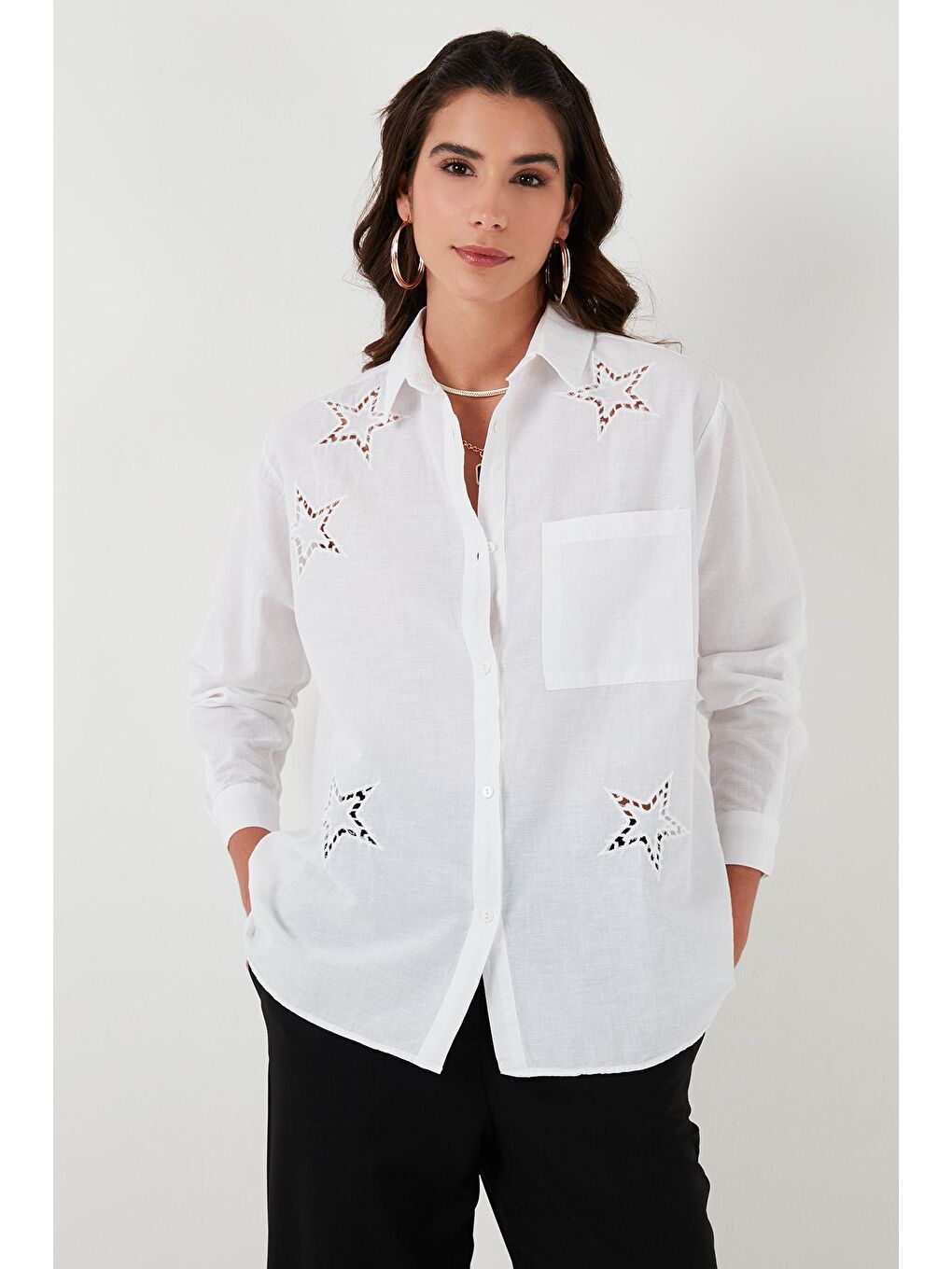 Beyaz Yıldız Desenli Brode Detaylı % 100 Pamuk Regular Fit Gömlek 51443901-2