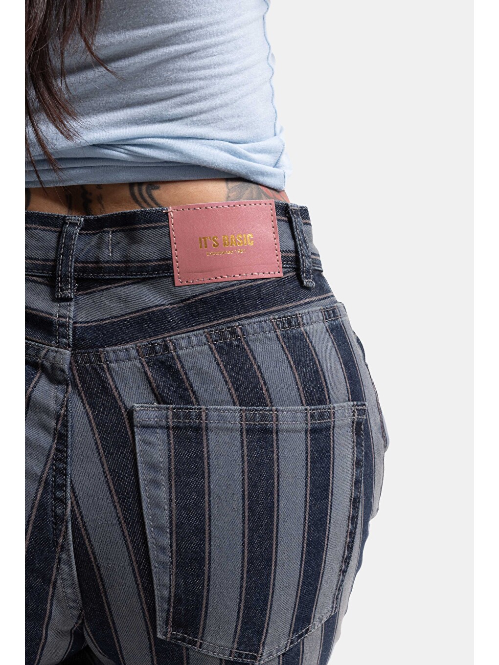 Kadın Mavi Çizgili 1w6-7 Loose Fit Özel Kumaş Tasarım Denim Jean-6