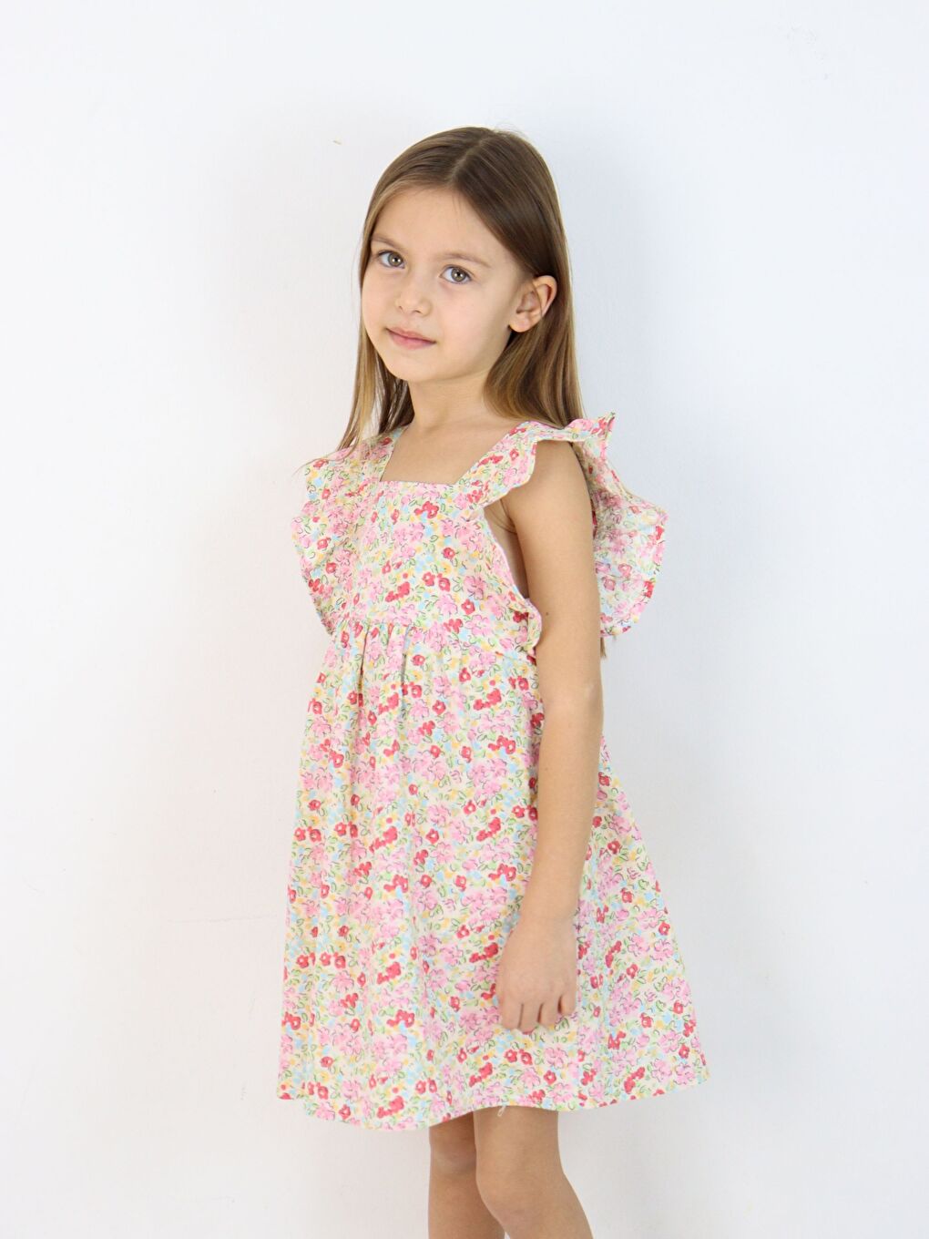 Pembe Kare Yaka Kolsuz Kız Bebek Elbise-1