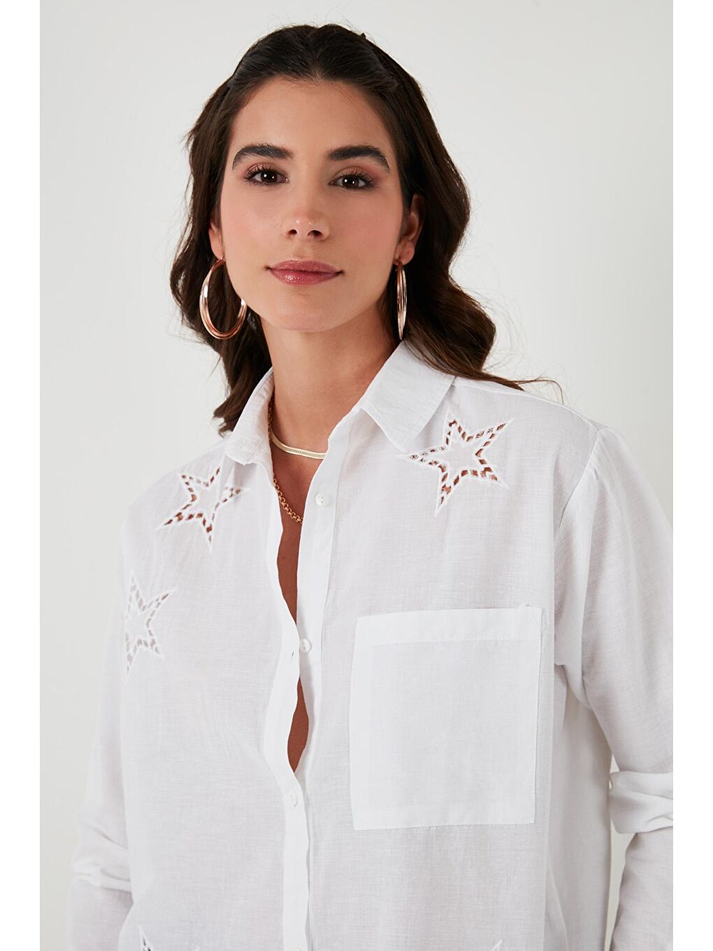 Beyaz Yıldız Desenli Brode Detaylı % 100 Pamuk Regular Fit Gömlek 51443901-3