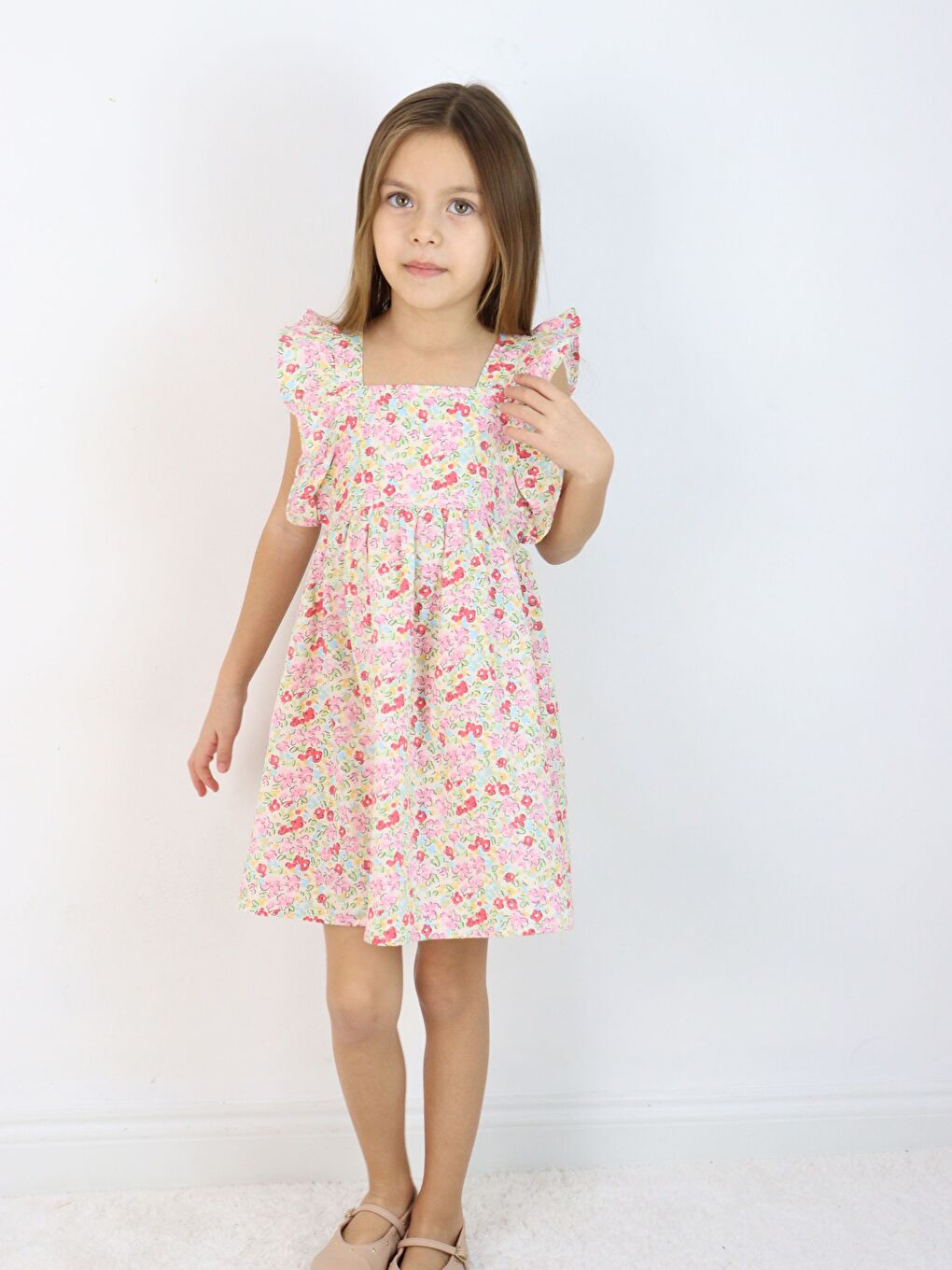 Pembe Kare Yaka Kolsuz Kız Bebek Elbise-5