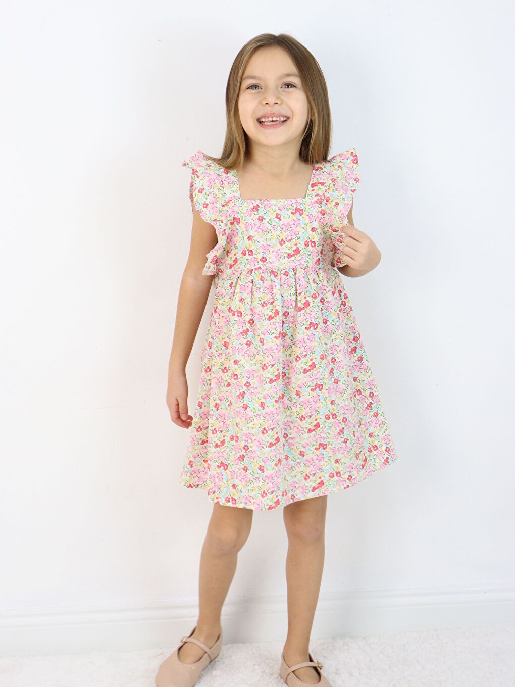 Pembe Kare Yaka Kolsuz Kız Bebek Elbise-7