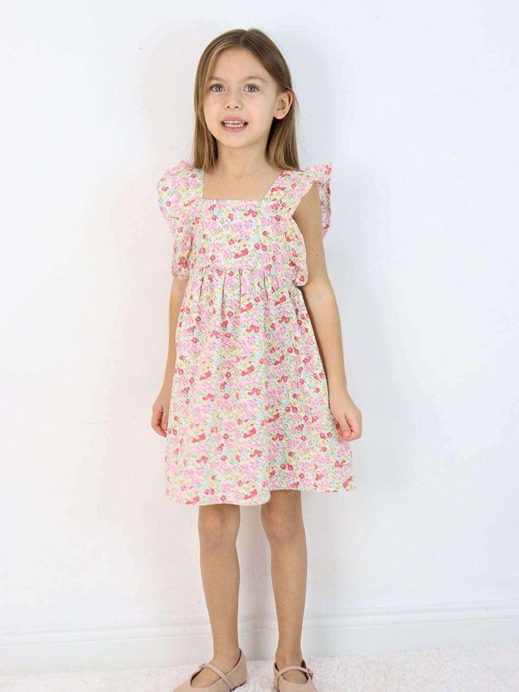 Pembe Kare Yaka Kolsuz Kız Bebek Elbise-9