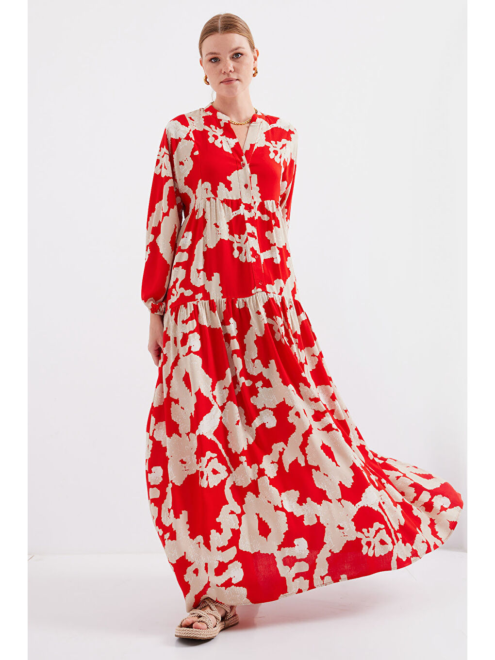 2423 Otantik Desenli Tesettür Elbise - V. Kırmızı-3