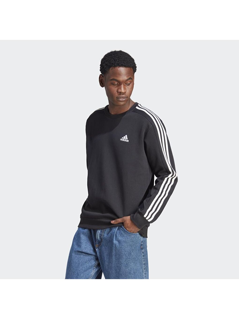 Adidas Siyah 3 Stripes Fleece Erkek Siyah Yuvarlak Yaka Sweatshirt