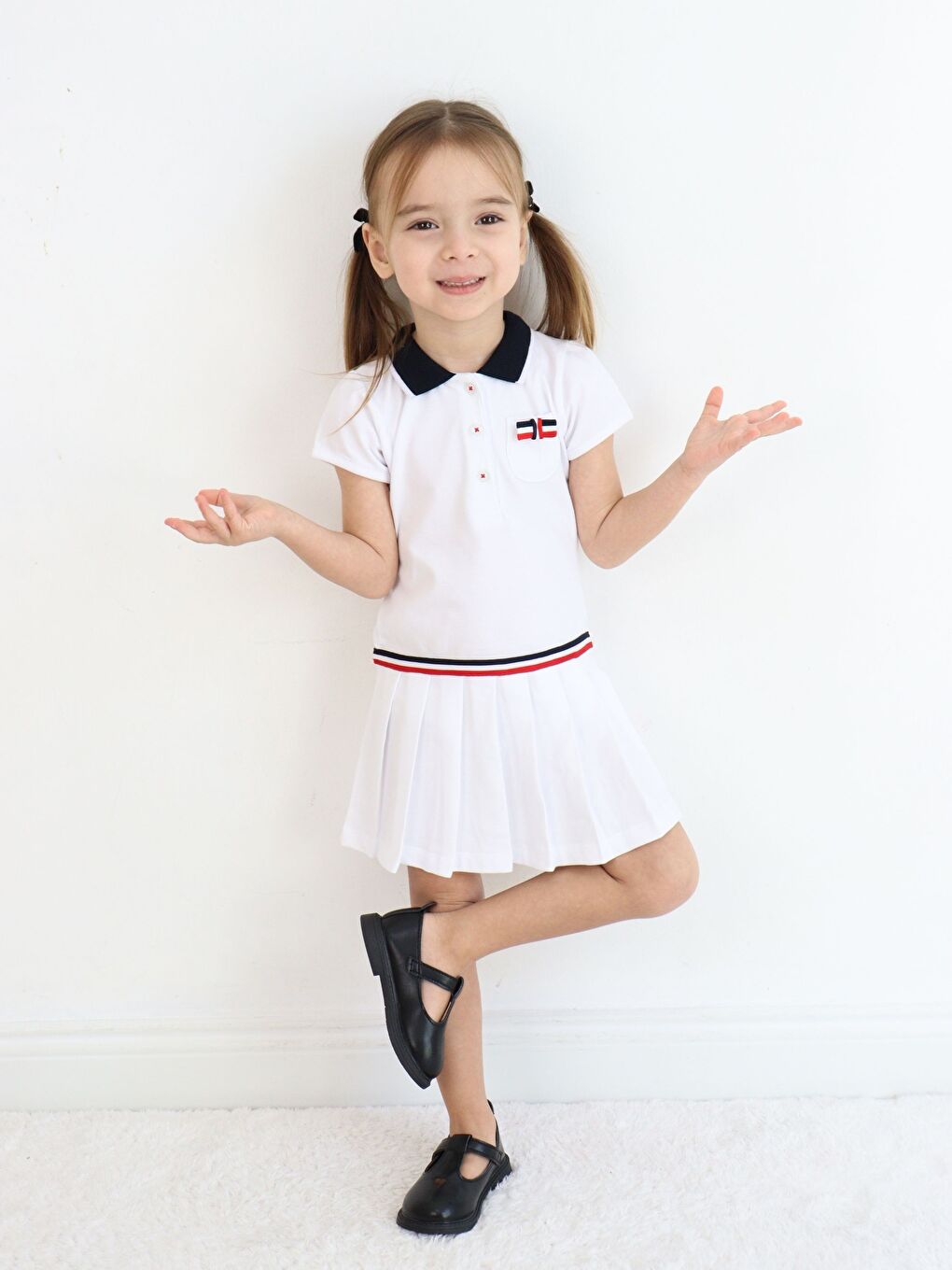 Beyaz Gömlek Yaka Kısa Kollu Kız Bebek Elbise-3