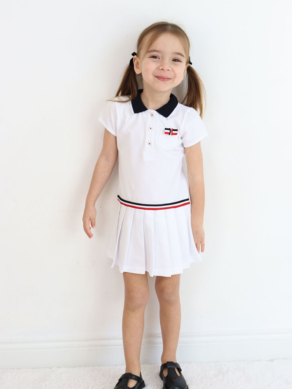 Beyaz Gömlek Yaka Kısa Kollu Kız Bebek Elbise-5