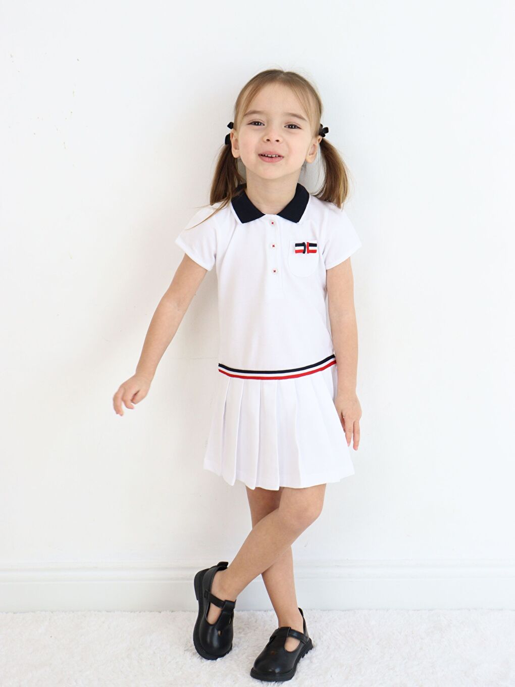 Beyaz Gömlek Yaka Kısa Kollu Kız Bebek Elbise-6