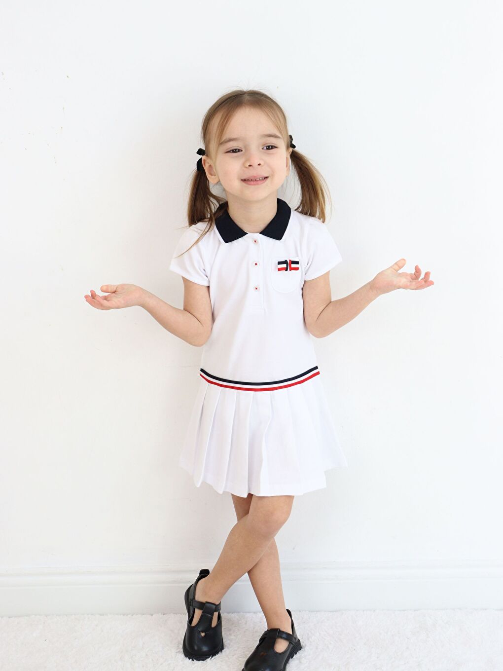 Beyaz Gömlek Yaka Kısa Kollu Kız Bebek Elbise-7