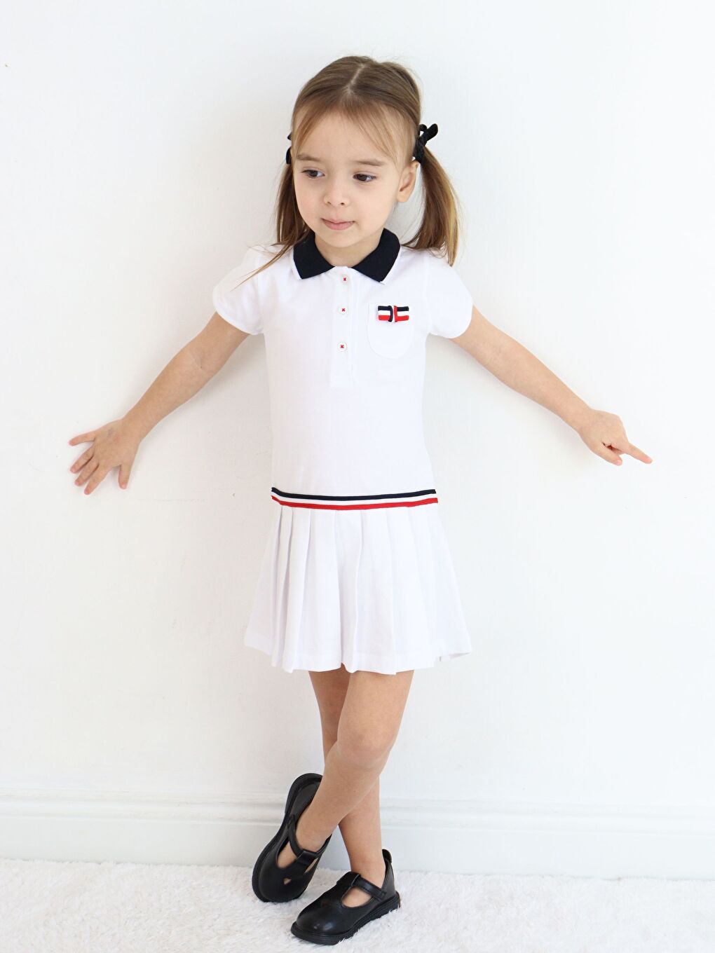 Beyaz Gömlek Yaka Kısa Kollu Kız Bebek Elbise-9