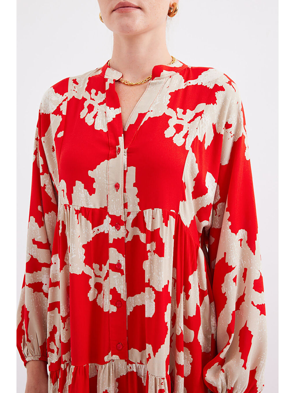 2423 Otantik Desenli Tesettür Elbise - V. Kırmızı-5