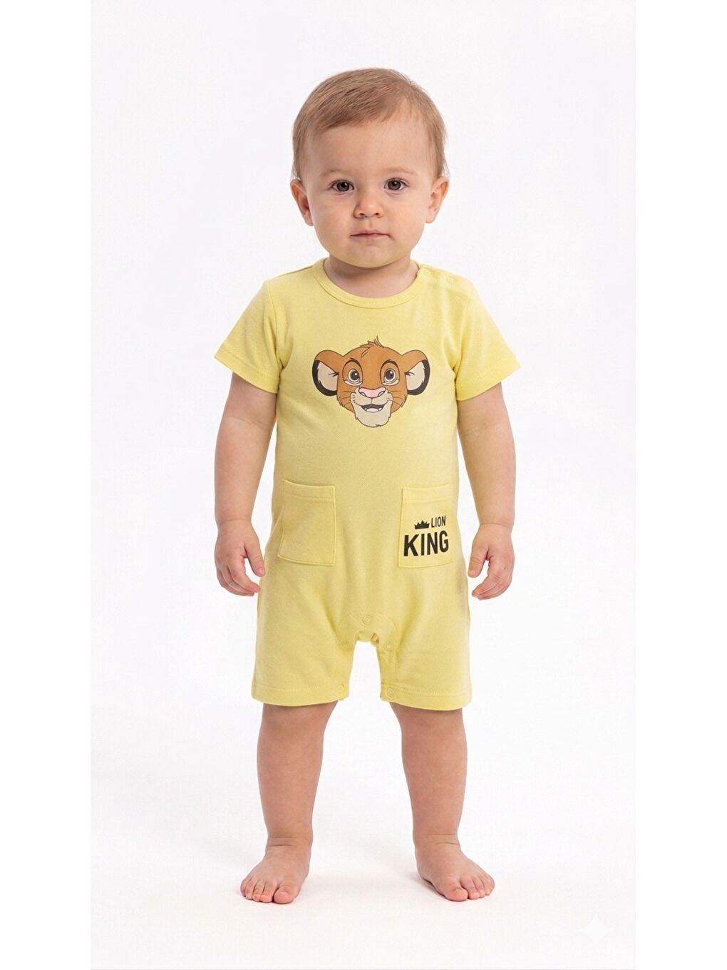 Sarı Erkek Bebek Aslan Baskılı Tulum Yazlık Kısa Kol Pamuklu Şort Tulum 3-6-9-12 Ay